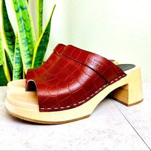 SWEDISH HASBEENS Brown Leather Croc Platform Mules Clogs Sandals Shoes 38 8 8.5